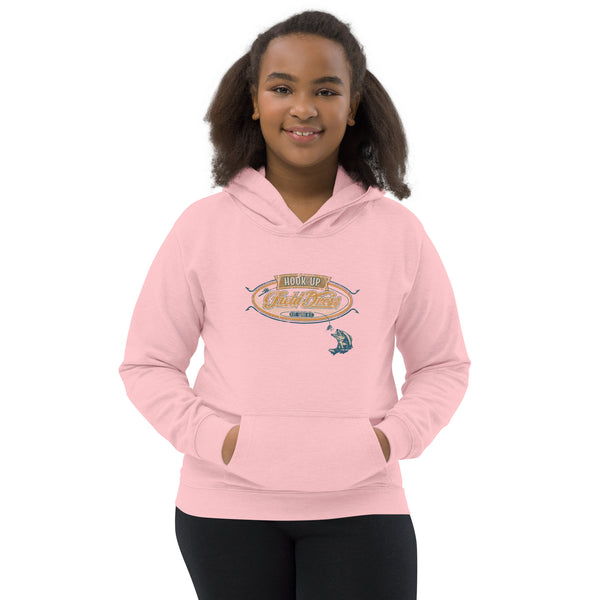 Field Dress classic kids fishing hoodie showing a bass about to take the hook, the phrase "hook-up", and the established date of fishing around 2000BC.