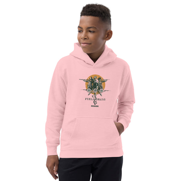 Field Dress Evolution of Firearms kids hoodie showing a sportsman from the Asian empire, a frontiersman, and the present day on the sun's horizon.