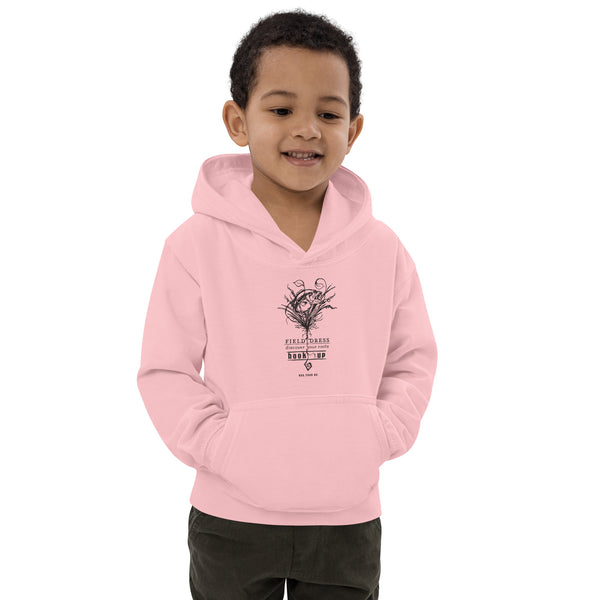 Kids Field Dress bass fishing hoodie with the phrase hook-up and a large mouth bass.