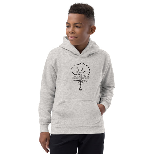 Field Dress kids hoodie with the phrase discover your roots and a large tree.