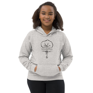 Field Dress kids hoodie with the phrase discover your roots and a large tree.