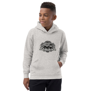 Field Dress rifle hunting kids hoodie shows a whitetail buck and a distant hunter taking aim, the phrase "load-up", and the established date of firearms 1515AD.