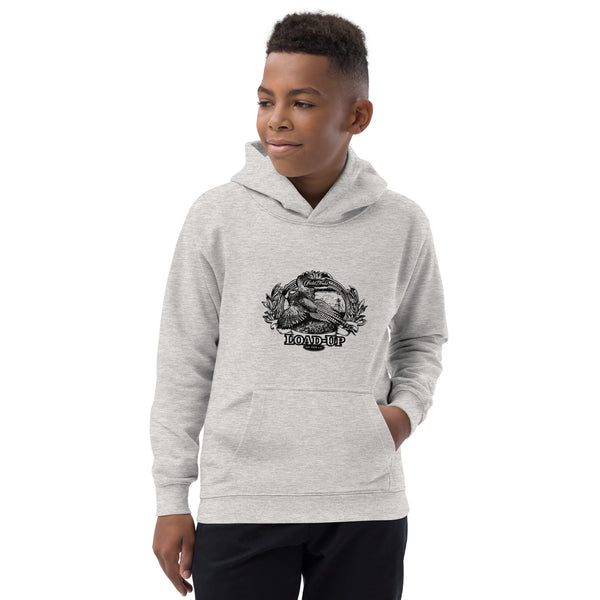 Field Dress pheasant hunting kids hoodie shows a flushed pheasant and a distant hunter taking aim, the phrase "load-up", and the established date of firearms 1515AD.