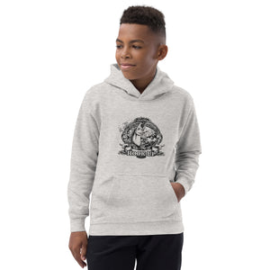 Field Dress fly fishing kids hoodie shows a trout about to take the fly from a distant fly fisherman, the phrase "hook-up", and the established date of fishing 2000BC.