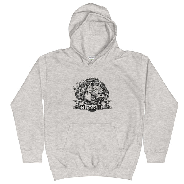 Field Dress fly fishing kids hoodie shows a trout about to take the fly from a distant fly fisherman, the phrase "hook-up", and the established date of fishing 2000BC.