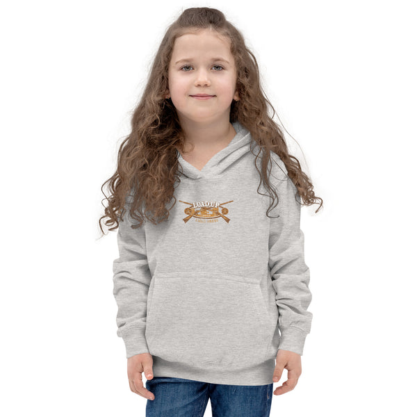 Field Dress classic firearms kids hoodie showing a pair of flintlock rifles, the phrase "load-up", and the established date of firearms around 1515AD.