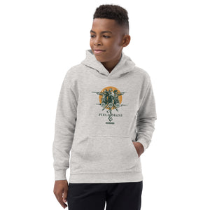 Field Dress Evolution of Firearms kids hoodie showing a sportsman from the Asian empire, a frontiersman, and the present day on the sun's horizon.