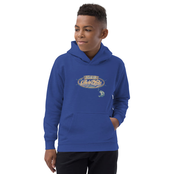 Field Dress classic kids fishing hoodie showing a bass about to take the hook, the phrase "hook-up", and the established date of fishing around 2000BC.