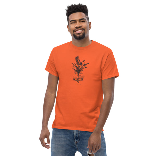Men's Field Dress pheasant hunting t-shirt with flushing pheasant and the phrase load-up.