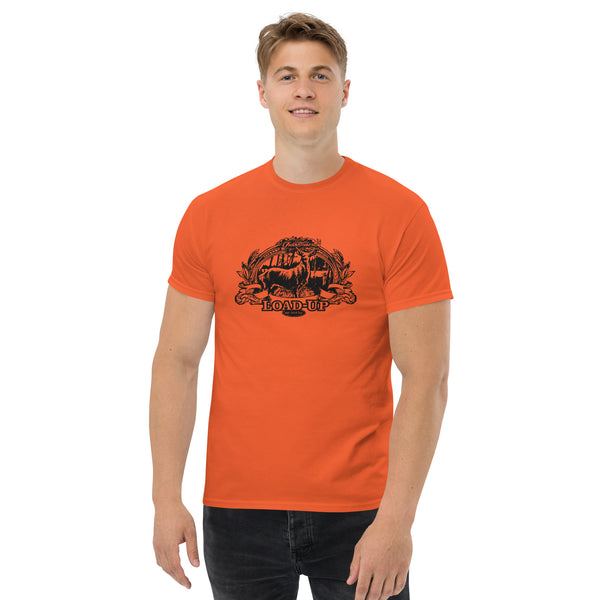 Field Dress rifle hunting mens tee shows a whitetail buck and a distant hunter taking aim, the phrase "load-up", and the established date of firearms 1515AD.
