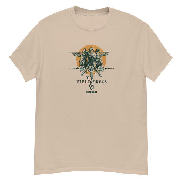 Field Dress Evolution of Firearms t-shirt showing a sportsman from the Asian empire, a frontiersman, and the present day on the sun's horizon.