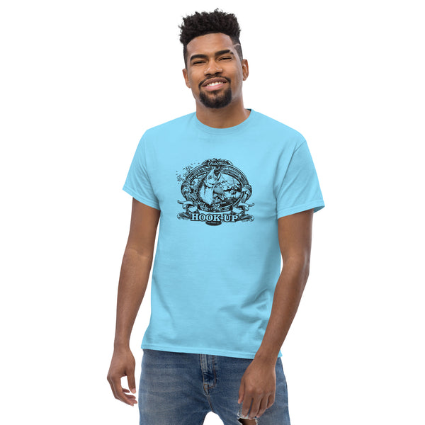 Field Dress fly fishing mens t-shirt shows a trout about to take the fly from a distant fly fisherman, the phrase "hook-up", and the established date of fishing 2000BC.