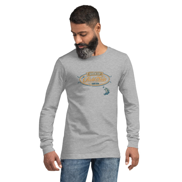 Field Dress classic fishing shirt showing a bass about to take the hook, the phrase "hook-up", and the established date of fishing around 2000BC.