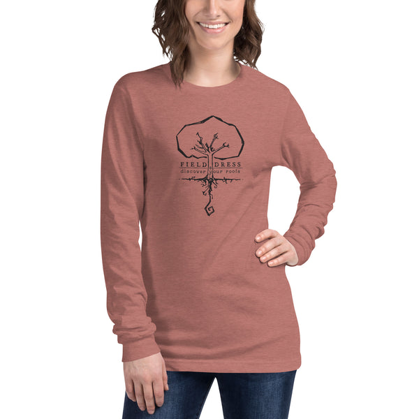Field Dress long sleeve shirt with the phrase discover your roots and a large tree.