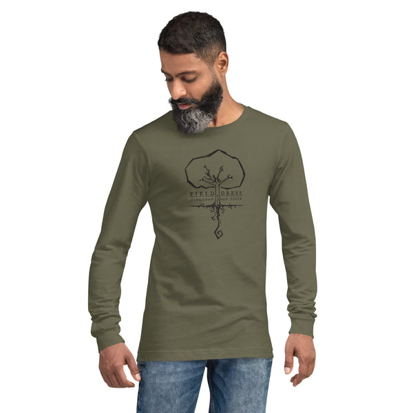 Field Dress long sleeve shirt with the phrase discover your roots and a large tree.