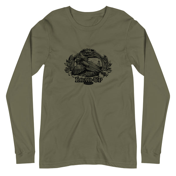 Field Dress pheasant hunting shirt shows a flushed pheasant and a distant hunter taking aim, the phrase "load-up", and the established date of firearms 1515AD.
