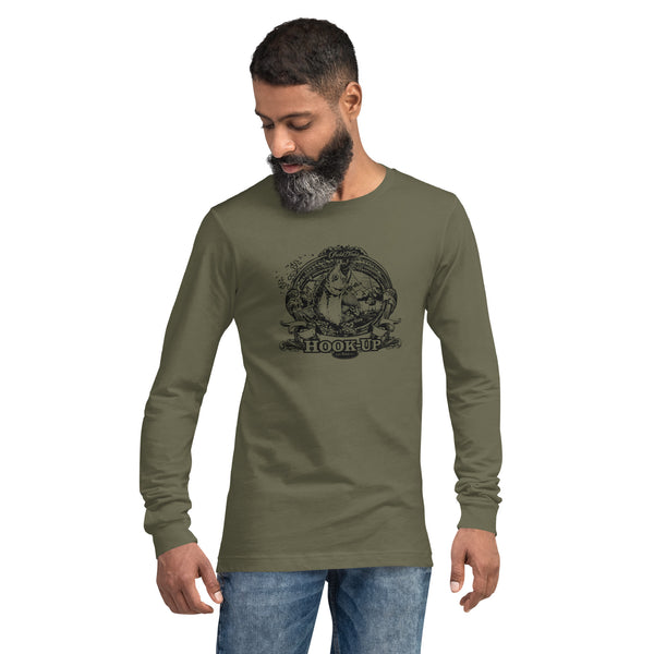 Field Dress fly fishing shirt shows a trout about to take the fly from a distant fly fisherman, the phrase "hook-up", and the established date of fishing 2000BC.