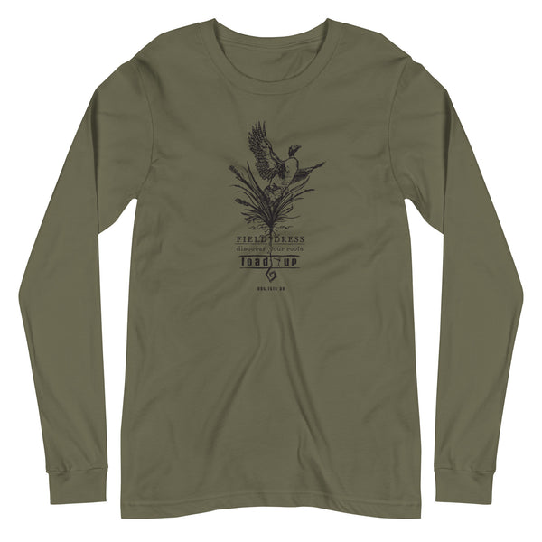 Field Dress pheasant hunting shirt with flushing pheasant and the phrase load-up.