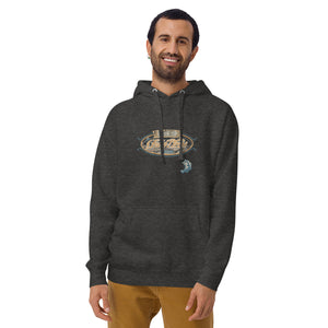 Field Dress classic fishing hoodie showing a bass about to take the hook, the phrase "hook-up", and the established date of fishing around 2000BC.
