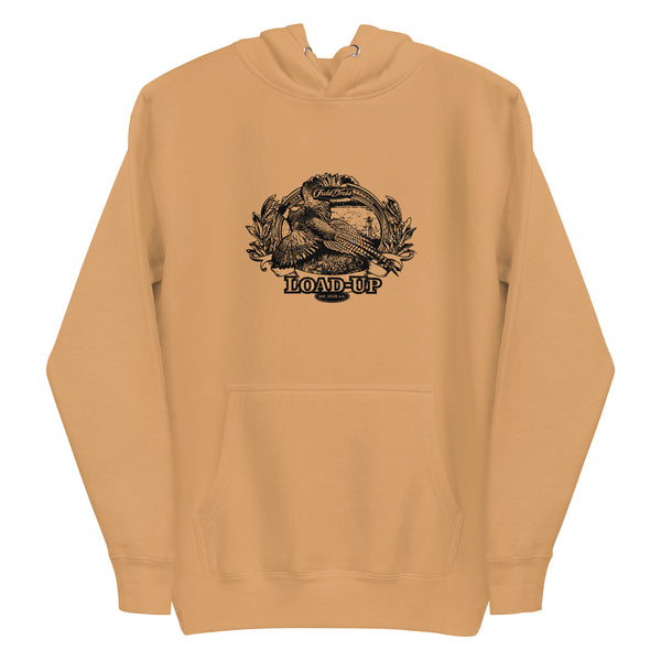 Field Dress pheasant hunting hoodie shows a flushed pheasant and a distant hunter taking aim, the phrase "load-up", and the established date of firearms 1515AD.