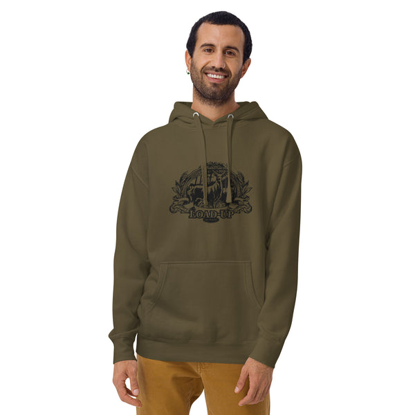Field Dress rifle hunting hoodie shows a whitetail buck and a distant hunter taking aim, the phrase "load-up", and the established date of firearms 1515AD.