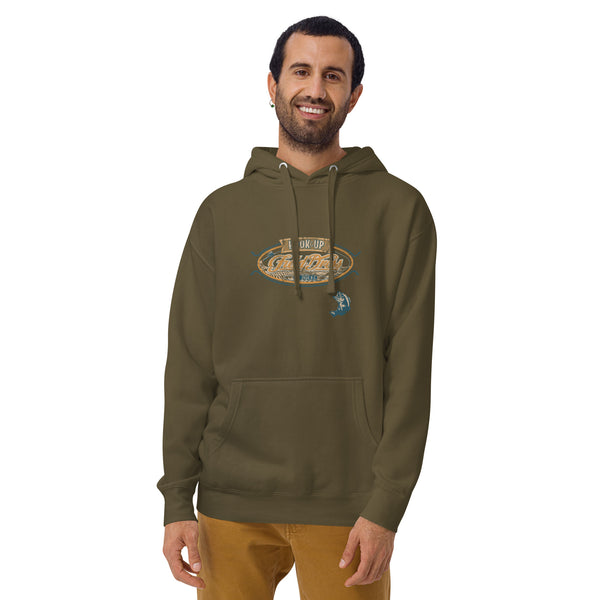 Field Dress classic fishing hoodie showing a bass about to take the hook, the phrase "hook-up", and the established date of fishing around 2000BC.