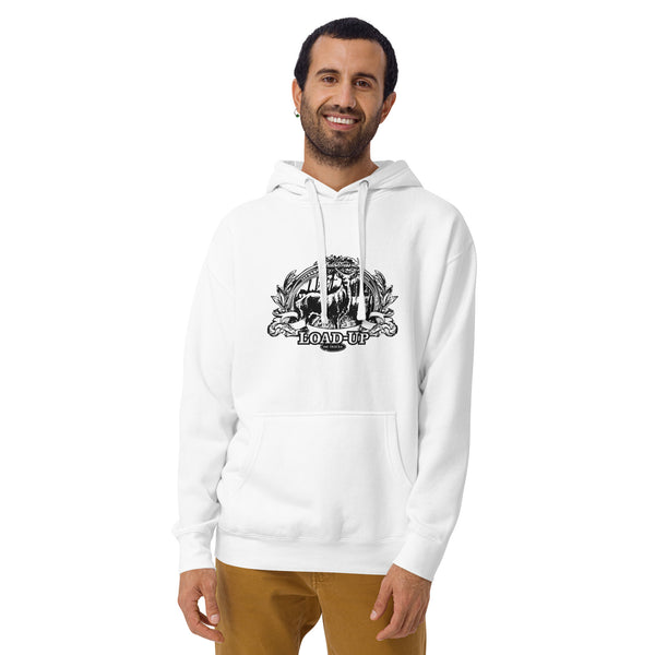Field Dress rifle hunting hoodie shows a whitetail buck and a distant hunter taking aim, the phrase "load-up", and the established date of firearms 1515AD.