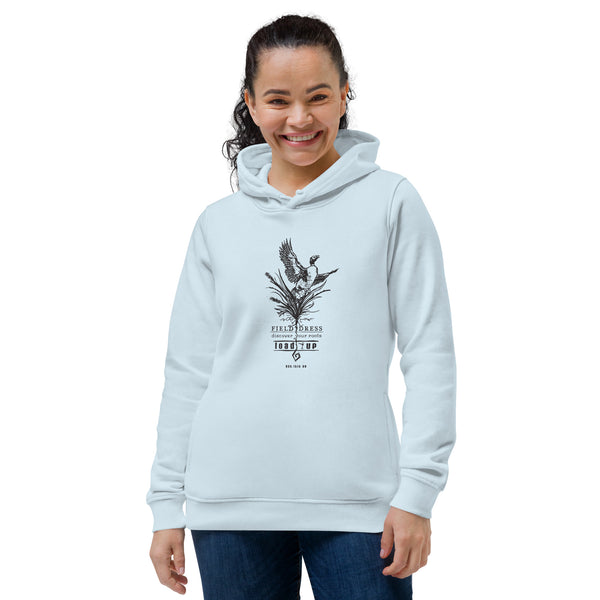 Women's Field Dress pheasant hunting hoodie with flushing pheasant and the phrase load-up.