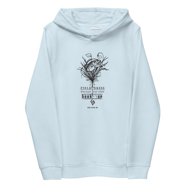 Field Dress bass fishing woman's hoodie with the phrase hook-up and a large mouth bass.