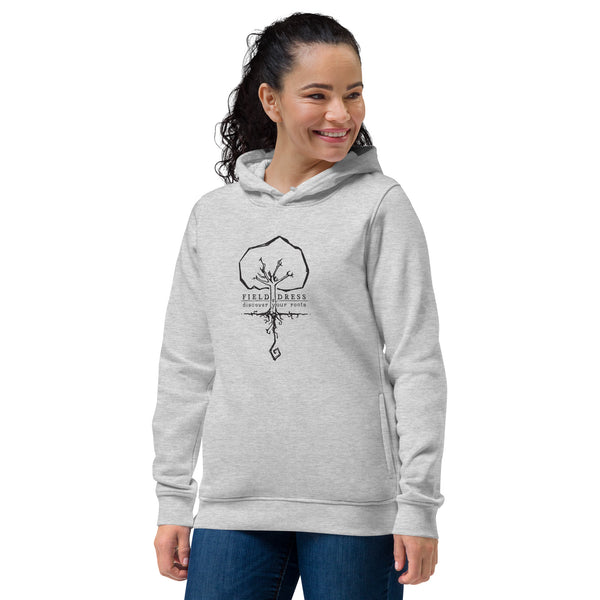 Field Dress woman's hoodie with the phrase discover your roots and a large tree.