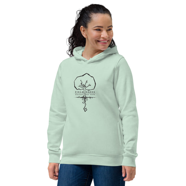 Field Dress woman's hoodie with the phrase discover your roots and a large tree.
