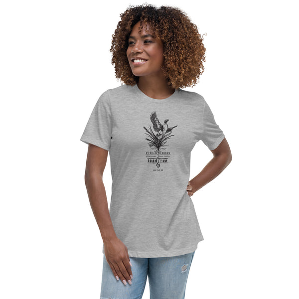 Women's Field Dress pheasant hunting t-shirt with flushing pheasant and the phrase load-up.