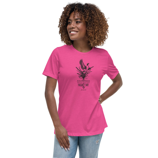 Women's Field Dress pheasant hunting t-shirt with flushing pheasant and the phrase load-up.