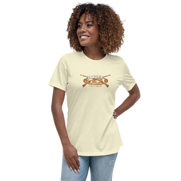 Field Dress classic firearms women's t-shirt showing a pair of flintlock rifles, the phrase "load-up", and the established date of firearms around 1515AD.