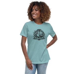 Field Dress fly fishing women's t-shirt shows a trout about to take the fly from a distant fly fisherman, the phrase "hook-up", and the established date of fishing 2000BC.