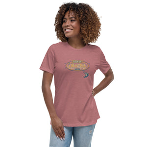 Field Dress classic woman's fishing tee showing a bass about to take the hook, the phrase "hook-up", and the established date of fishing around 2000BC.