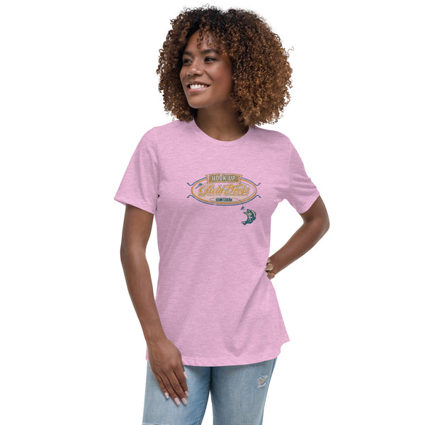 Field Dress classic woman's fishing tee showing a bass about to take the hook, the phrase "hook-up", and the established date of fishing around 2000BC.