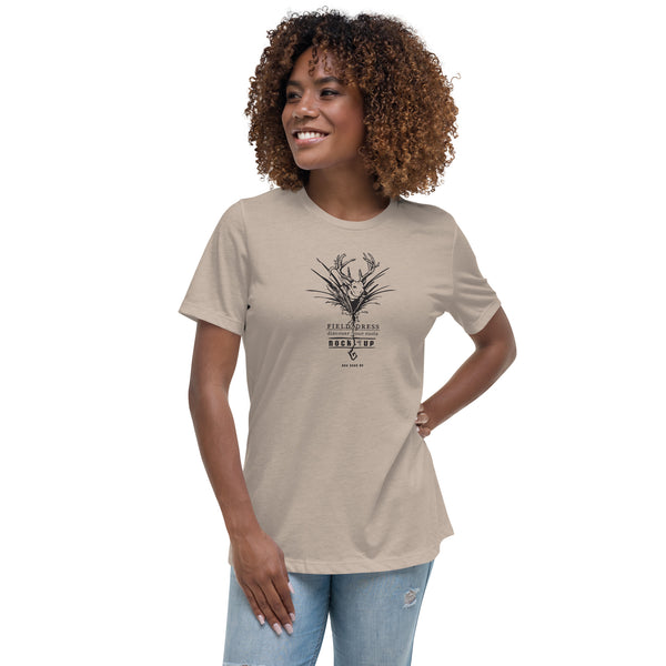 Woman's Field Dress whitetail buck bowhunting t-shirt with the phrase nock-up.