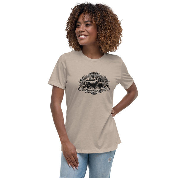 Field Dress rifle hunting women's tee shows a whitetail buck and a distant hunter taking aim, the phrase "load-up", and the established date of firearms 1515AD.