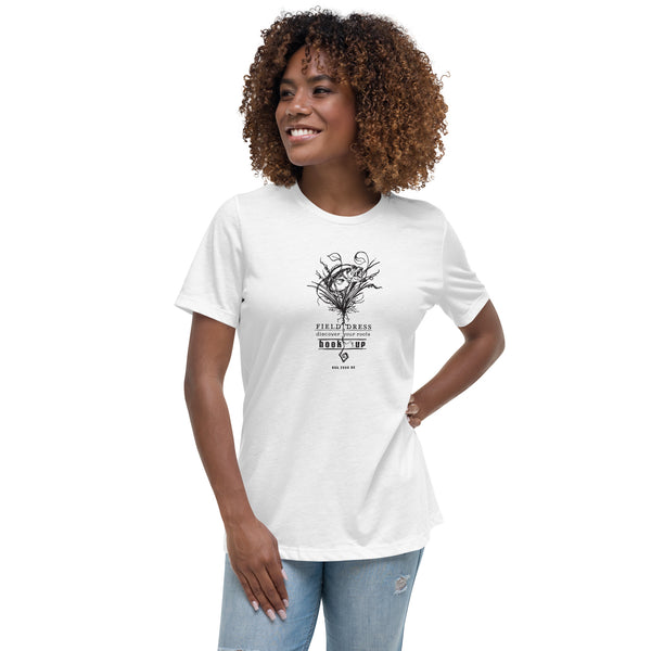 Field Dress bass fishing woman's t-shirt with the phrase hook-up and a large mouth bass.