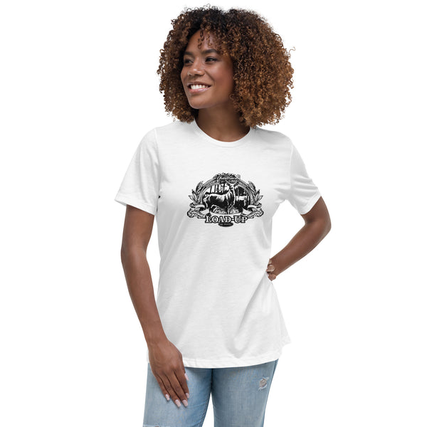 Field Dress rifle hunting women's tee shows a whitetail buck and a distant hunter taking aim, the phrase "load-up", and the established date of firearms 1515AD.