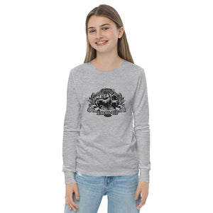 Field Dress rifle hunting kids shirt shows a whitetail buck and a distant hunter taking aim, the phrase "load-up", and the established date of firearms 1515AD.