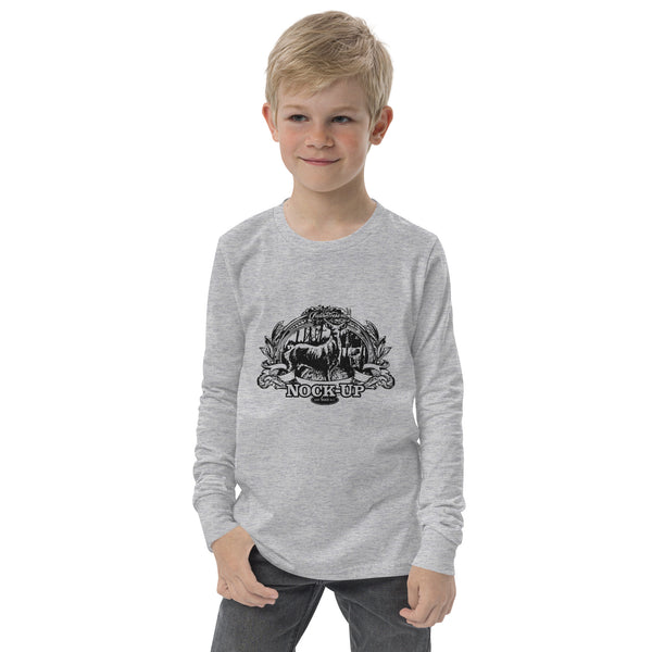 Kids distressed Field Dress whitetail bowhunting long sleeve shirt with a traditional archer camouflaged.
