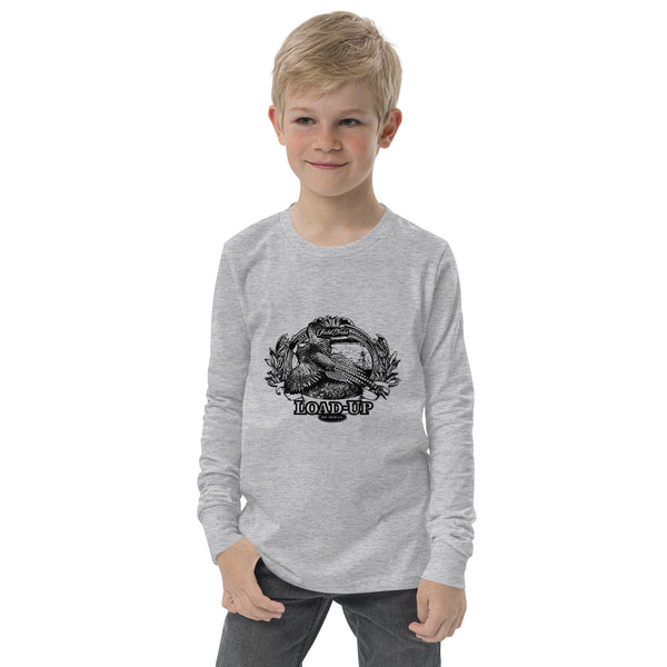 Field Dress pheasant hunting kids shirt shows a flushed pheasant and a distant hunter taking aim, the phrase "load-up", and the established date of firearms 1515AD.