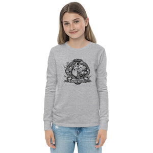 Field Dress fly fishing kids shirt shows a trout about to take the fly from a distant fly fisherman, the phrase "hook-up", and the established date of fishing 2000BC.