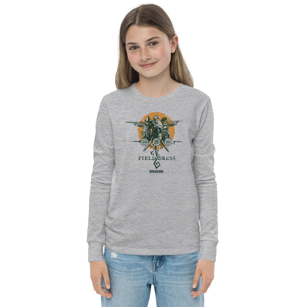 Field Dress Evolution of Firearms kids long sleeve shirt showing a sportsman from the Asian empire, a frontiersman, and the present day on the sun's horizon.