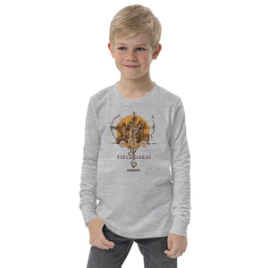 Field Dress Evolution of Archery kids long sleeve shirt showing an archer from the Asian empire, a native American indian, and the present day on the sun's horizon.