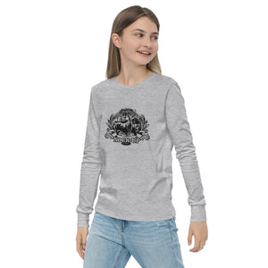 Kids distressed Field Dress whitetail bowhunting long sleeve shirt with a traditional archer camouflaged.