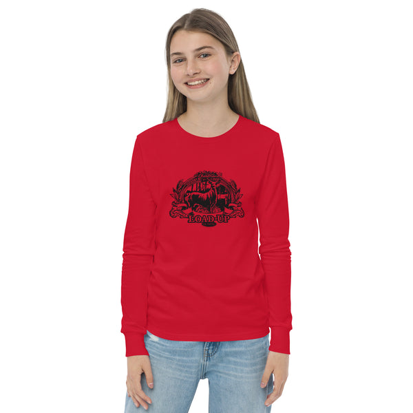 Field Dress rifle hunting kids shirt shows a whitetail buck and a distant hunter taking aim, the phrase "load-up", and the established date of firearms 1515AD.