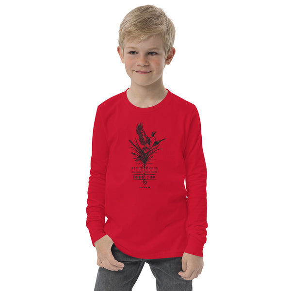 Kids Field Dress pheasant hunting shirt with flushing pheasant and the phrase load-up.